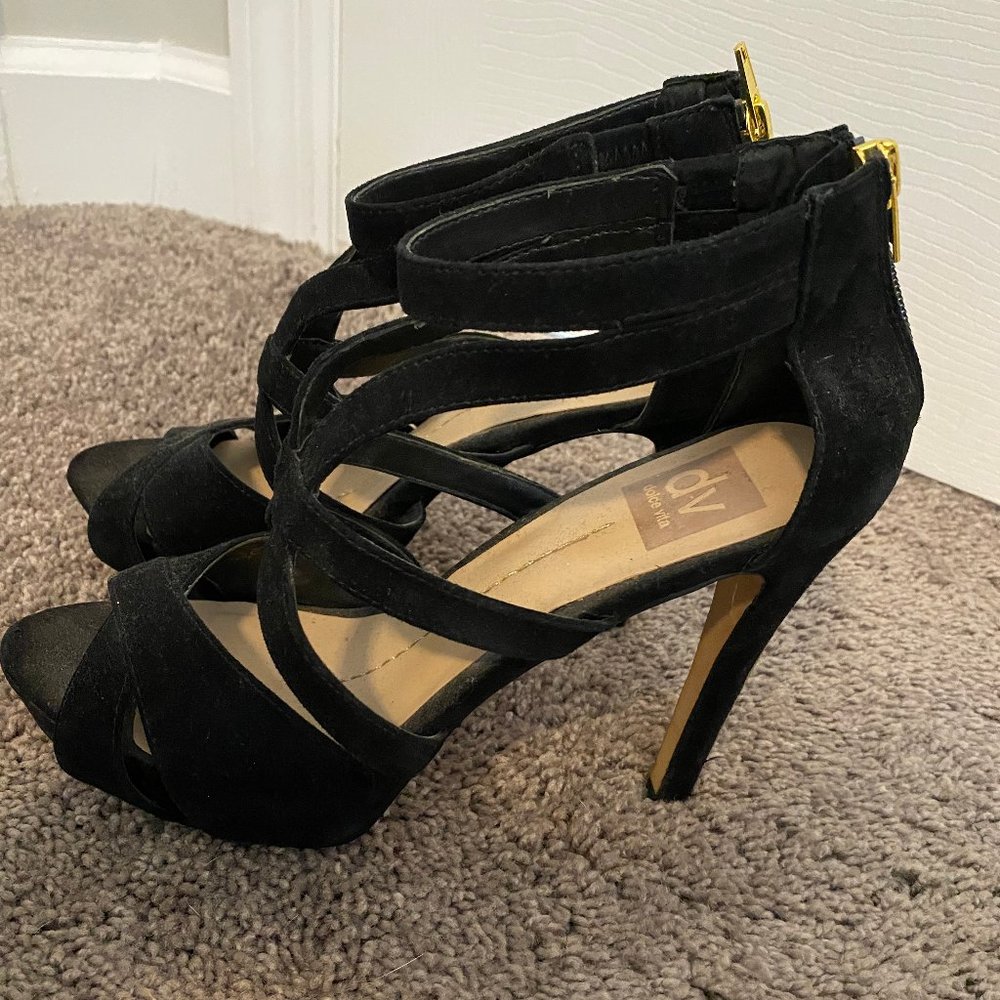 Black strappy heel with gold accents